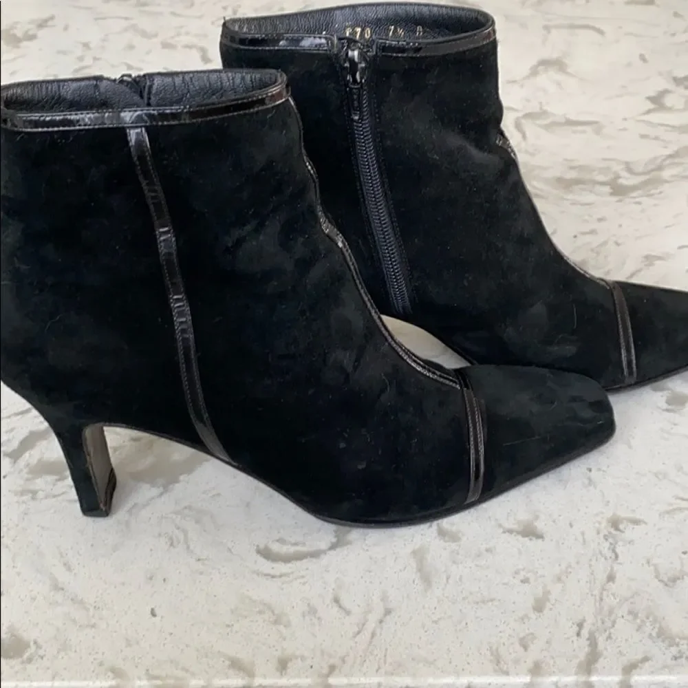 Salvatore Ferragamo Suede Patent Heeled Booties Dressy  Pointed Toe Blac…‎